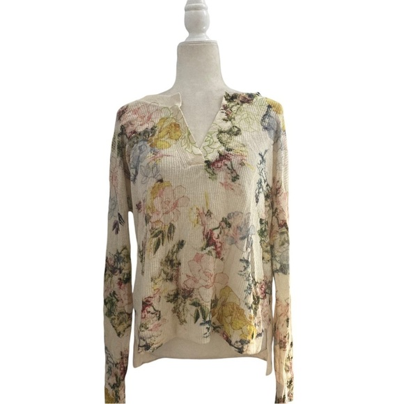 By Anthropologie Printed V Neck Sweater Linen Blend Abstract Floral NWOT - Picture 5 of 12